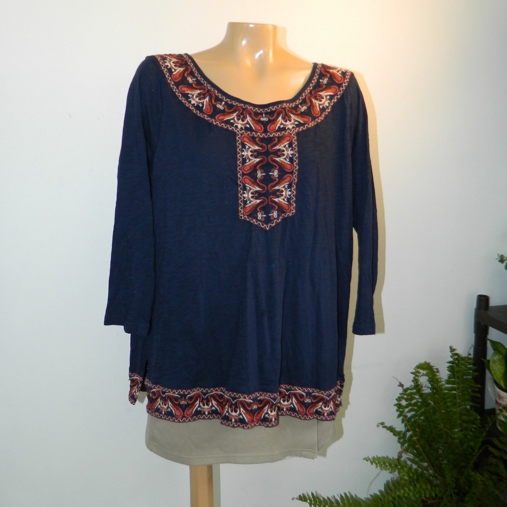 Lucky Brand Tunic Top Women Medium Navy Blue Embroidered Boho 3/4 Sleeve Slub
